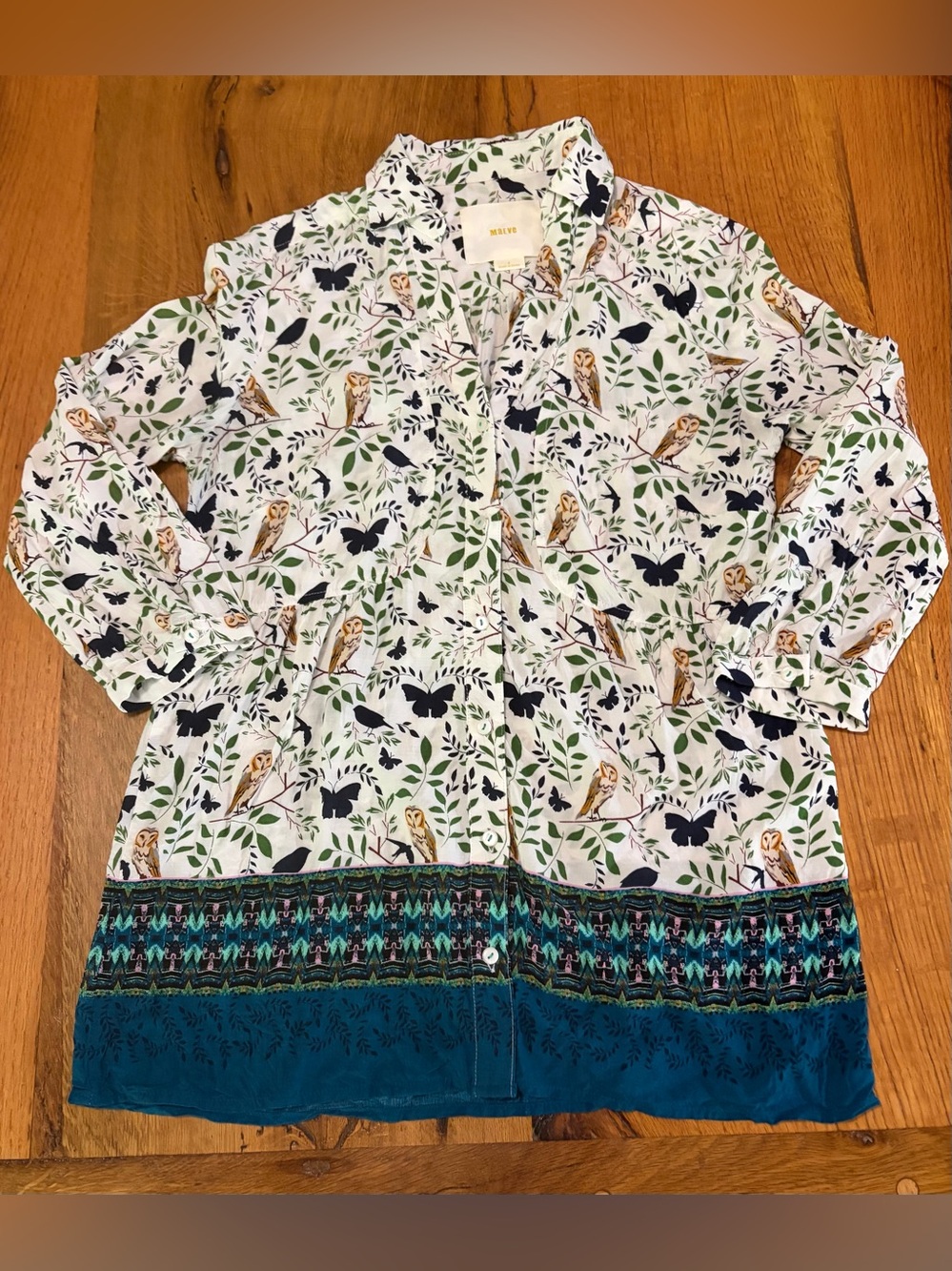 Anthropologie Maeve White Owl & Leaf Print Long-Sleeve Top, Size 4